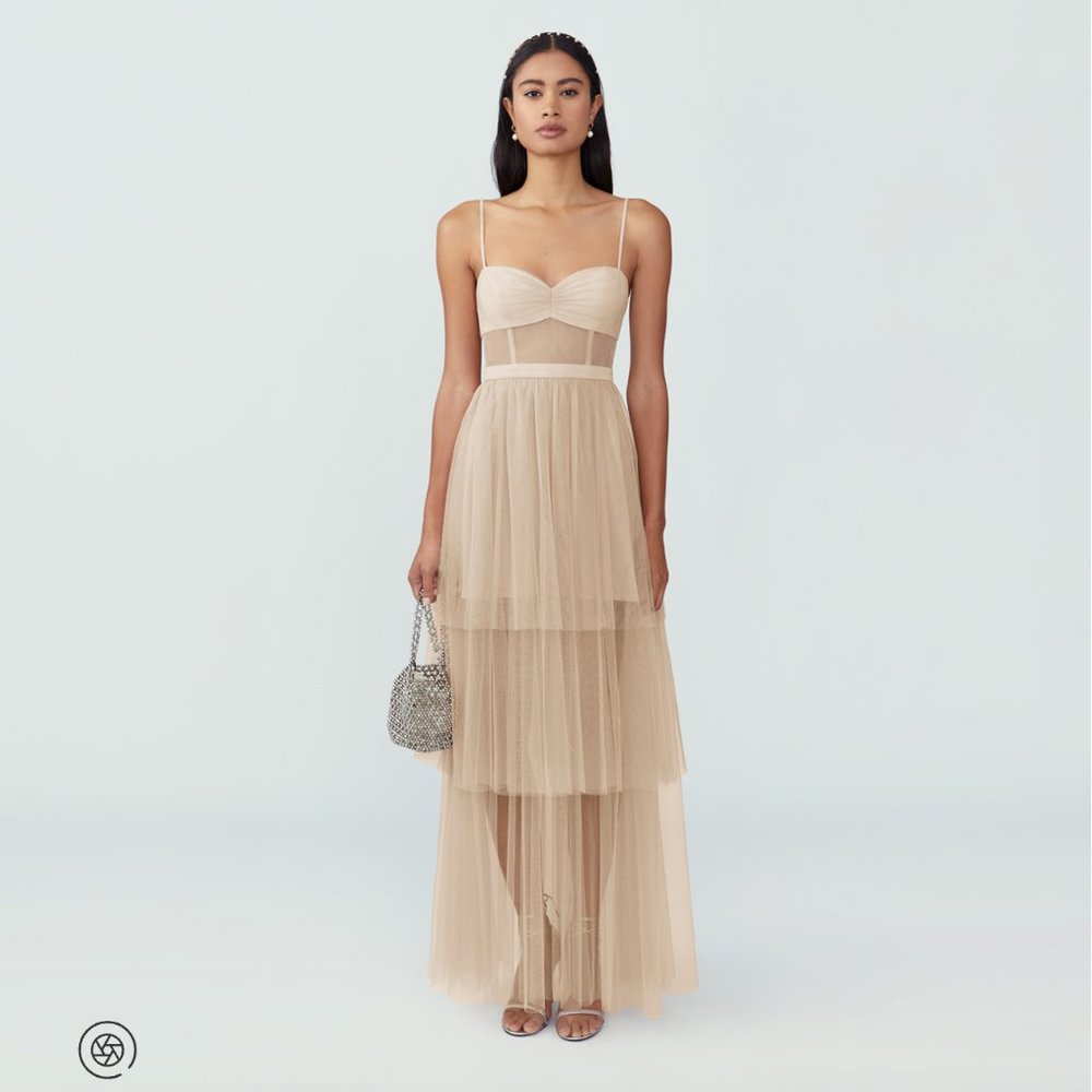 Corset Tiered Gown, Fame and Partners, Soft Tulle Light Nude Size 6